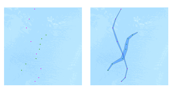 Input points with a buffer applied reconstructed into tracks Input points with a buffer applied reconstructed into tracks