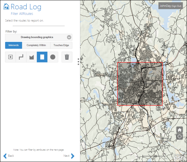 Route selection by a drawing a rectangle